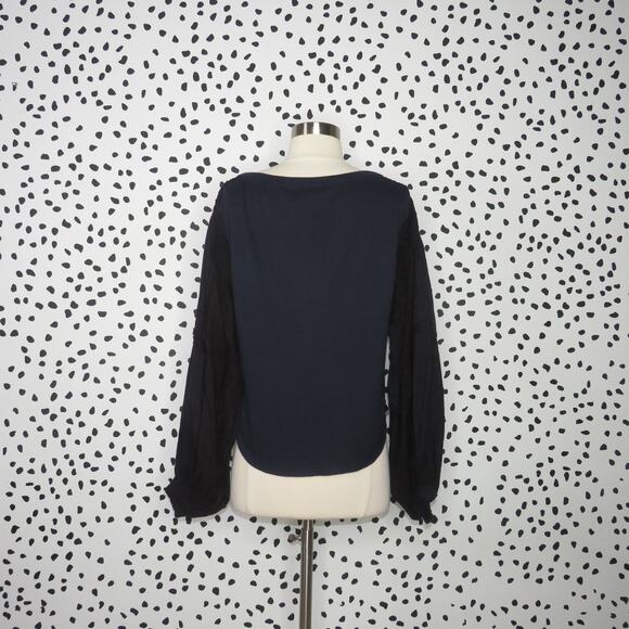 Free People Navy Mixed Media Light Magic Henley Balloon Sleeve Top - Picture 7 of 12